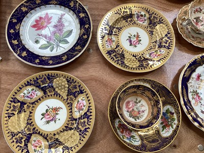 Lot 5109 - Group of English Regency floral painted porcelain, including a pair of square Spode dishes, a pair of Spode plates with gilt grapevines, H&R Daniel cup and saucer, etc