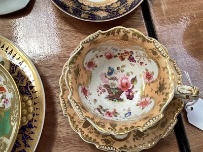 Lot 5109 - Group of English Regency floral painted porcelain, including a pair of square Spode dishes, a pair of Spode plates with gilt grapevines, H&R Daniel cup and saucer, etc