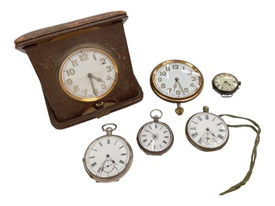 Lot 88 - Four silver cased pocket / fob watches, travel clock in folding leather case and one other time piece (6)