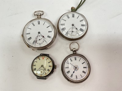 Lot 88 - Four silver cased pocket / fob watches, travel clock in folding leather case and one other time piece (6)