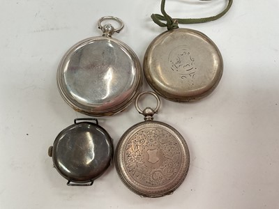 Lot 88 - Four silver cased pocket / fob watches, travel clock in folding leather case and one other time piece (6)