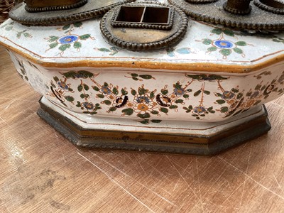 Lot 5108 - 19th century faience inkstand, with lion mask handles, polychrome painted with floral swags, with brass fittings to the top, marked to base, 21cm across