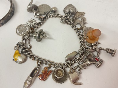 Lot 90 - Silver charm bracelet, silver bangles, silver rings etc