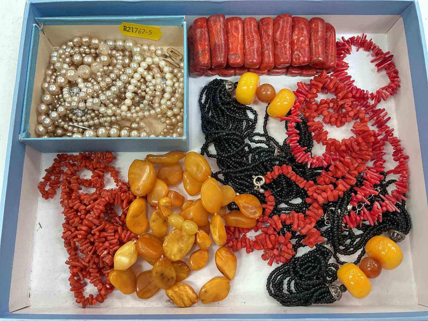Lot 91 - Vintage amber and coral necklaces and some simulated pearls etc