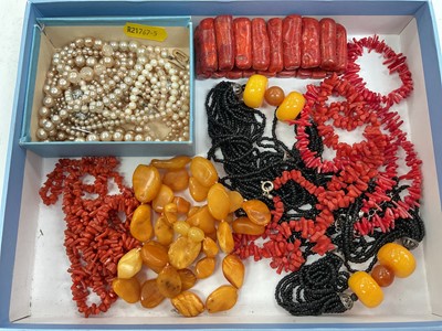 Lot 91 - Vintage amber and coral necklaces and some simulated pearls etc