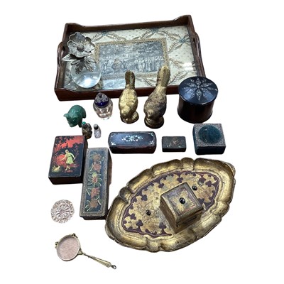 Lot 5110 - Sundry items, including an antique tray displaying an embroidery and an 18th century engraving, snuff boxes, gilt lorgnettes, silver mounted pin cushion carved green stone pig, etc