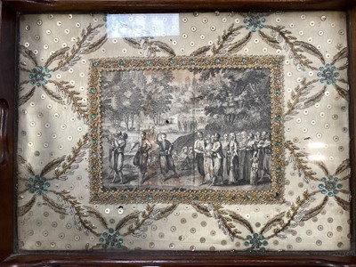 Lot 5110 - Sundry items, including an antique tray displaying an embroidery and an 18th century engraving, snuff boxes, gilt lorgnettes, silver mounted pin cushion carved green stone pig, etc