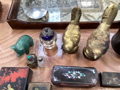 Lot 5110 - Sundry items, including an antique tray displaying an embroidery and an 18th century engraving, snuff boxes, gilt lorgnettes, silver mounted pin cushion carved green stone pig, etc