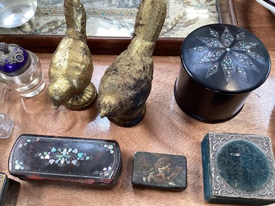 Lot 5110 - Sundry items, including an antique tray displaying an embroidery and an 18th century engraving, snuff boxes, gilt lorgnettes, silver mounted pin cushion carved green stone pig, etc
