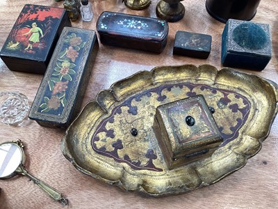 Lot 5110 - Sundry items, including an antique tray displaying an embroidery and an 18th century engraving, snuff boxes, gilt lorgnettes, silver mounted pin cushion carved green stone pig, etc