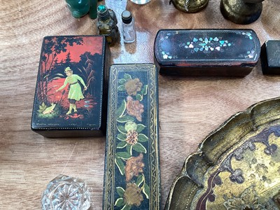 Lot 5110 - Sundry items, including an antique tray displaying an embroidery and an 18th century engraving, snuff boxes, gilt lorgnettes, silver mounted pin cushion carved green stone pig, etc