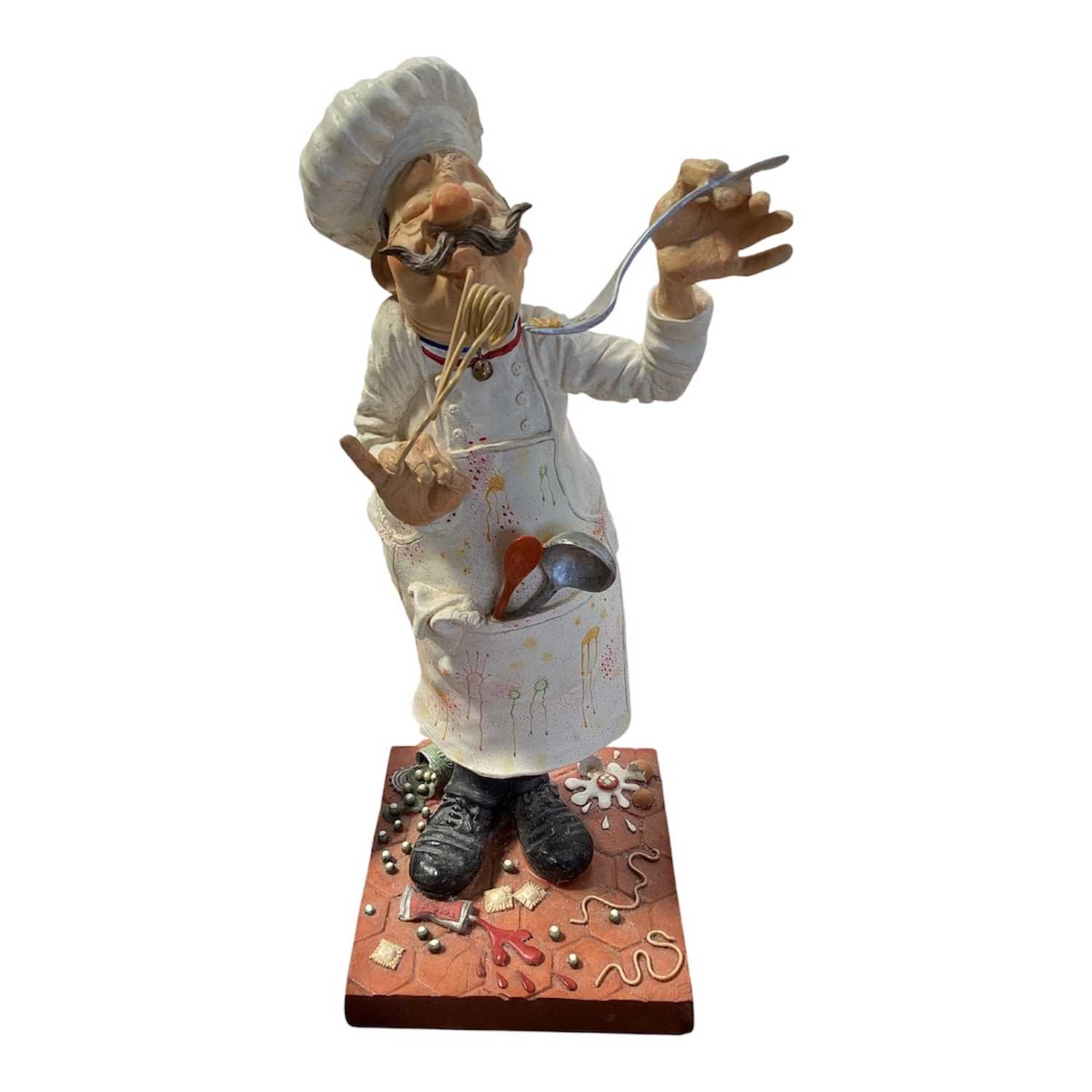 Lot 5115 - Guillermo Forchino (b.1952) amusing painted figure of a chef tasting spaghetti, signed to base, 41.5cm high