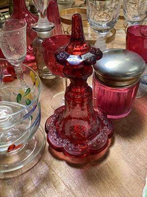 Lot 5120 - Group of mostly antique glassware, including a Bohemian flash cut glass bottle and stopper, pair of three ring decanters, continental gilt glass jug and finger bowls, cranberry glass, etc