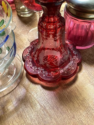Lot 5120 - Group of mostly antique glassware, including a Bohemian flash cut glass bottle and stopper, pair of three ring decanters, continental gilt glass jug and finger bowls, cranberry glass, etc