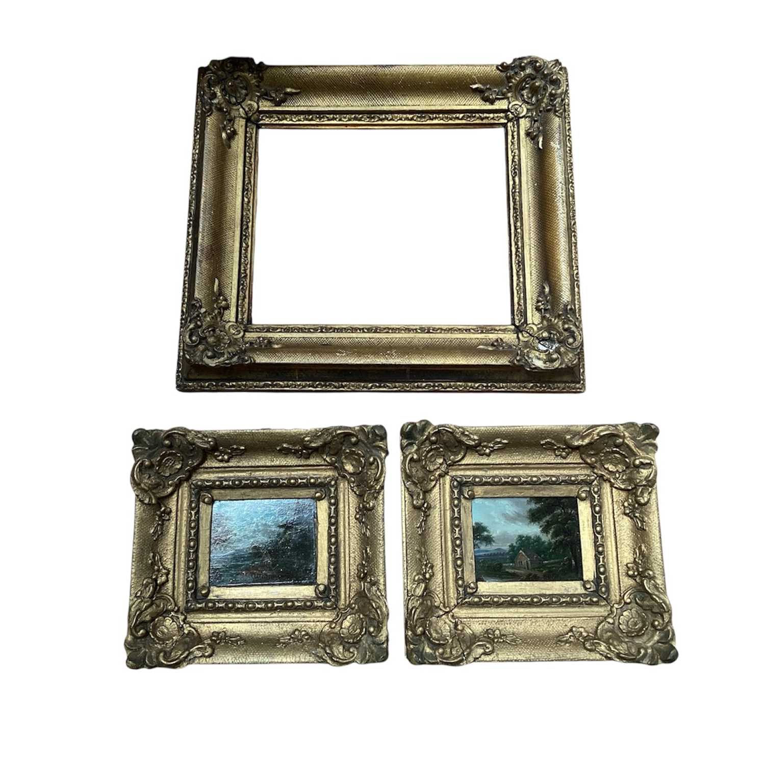 Lot 5118 - Pair of 19th century small oil on copper landscape paintings, in giltwood frames, 7cm x 5.5cm, together with another larger gilt frame (3)