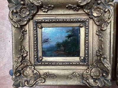 Lot 5118 - Pair of 19th century small oil on copper landscape paintings, in giltwood frames, 7cm x 5.5cm, together with another larger gilt frame (3)