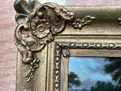 Lot 5118 - Pair of 19th century small oil on copper landscape paintings, in giltwood frames, 7cm x 5.5cm, together with another larger gilt frame (3)