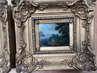 Lot 5118 - Pair of 19th century small oil on copper landscape paintings, in giltwood frames, 7cm x 5.5cm, together with another larger gilt frame (3)