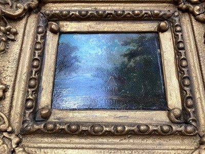 Lot 5118 - Pair of 19th century small oil on copper landscape paintings, in giltwood frames, 7cm x 5.5cm, together with another larger gilt frame (3)