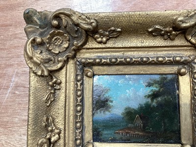 Lot 5118 - Pair of 19th century small oil on copper landscape paintings, in giltwood frames, 7cm x 5.5cm, together with another larger gilt frame (3)