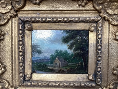 Lot 5118 - Pair of 19th century small oil on copper landscape paintings, in giltwood frames, 7cm x 5.5cm, together with another larger gilt frame (3)