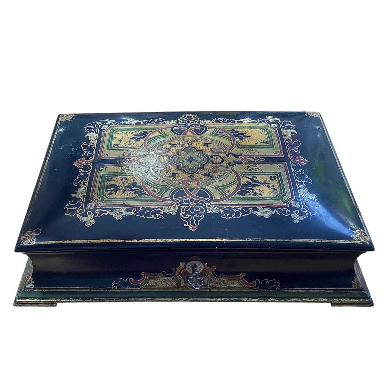 Lot 5121 - Victorian Jennens & Bettridge papier mâché and ebonised writing slope, painted and gilt decoration, silk lining and engraved silvered hinges, 28cm wide, key present