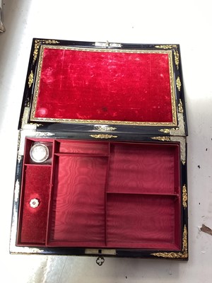 Lot 5121 - Victorian Jennens & Bettridge papier mâché and ebonised writing slope, painted and gilt decoration, silk lining and engraved silvered hinges, 28cm wide, key present
