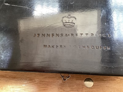 Lot 5121 - Victorian Jennens & Bettridge papier mâché and ebonised writing slope, painted and gilt decoration, silk lining and engraved silvered hinges, 28cm wide, key present