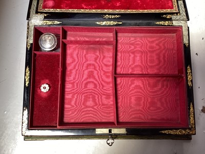 Lot 5121 - Victorian Jennens & Bettridge papier mâché and ebonised writing slope, painted and gilt decoration, silk lining and engraved silvered hinges, 28cm wide, key present