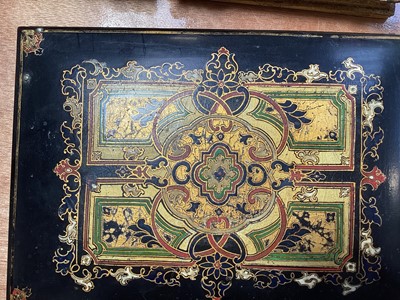 Lot 5121 - Victorian Jennens & Bettridge papier mâché and ebonised writing slope, painted and gilt decoration, silk lining and engraved silvered hinges, 28cm wide, key present