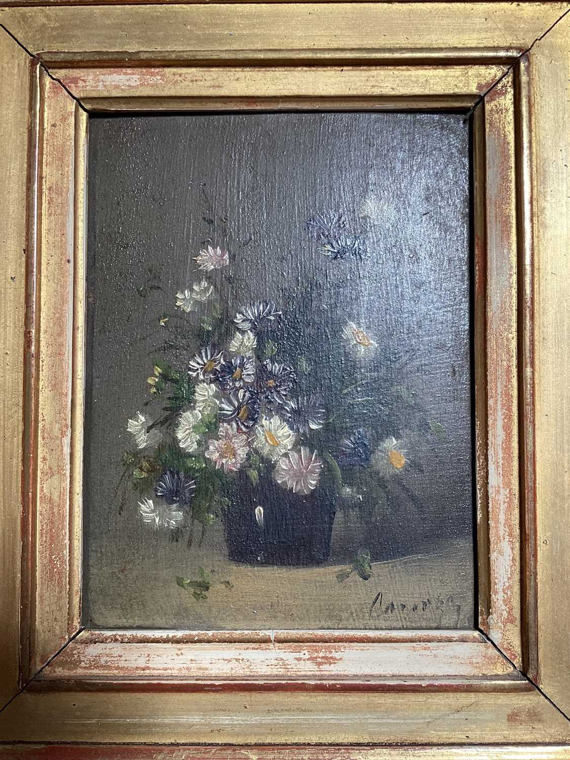 Lot 5122 - Antique 19th/early 20th century French oil on panel painting, still life of flowers in a vase, indistinctly signed, labels verso, in gilt gesso frame, 14.5cm x 11cm