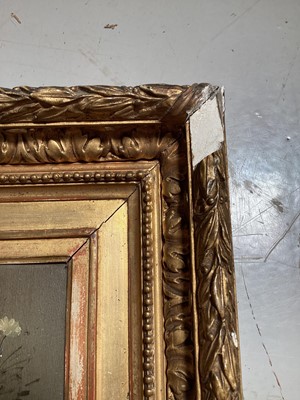Lot 5122 - Antique 19th/early 20th century French oil on panel painting, still life of flowers in a vase, indistinctly signed, labels verso, in gilt gesso frame, 14.5cm x 11cm