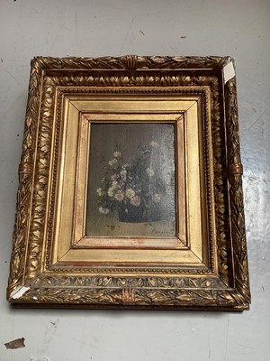 Lot 5122 - Antique 19th/early 20th century French oil on panel painting, still life of flowers in a vase, indistinctly signed, labels verso, in gilt gesso frame, 14.5cm x 11cm