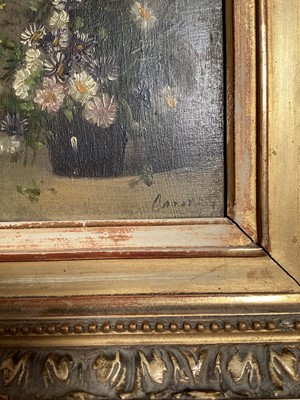 Lot 5122 - Antique 19th/early 20th century French oil on panel painting, still life of flowers in a vase, indistinctly signed, labels verso, in gilt gesso frame, 14.5cm x 11cm