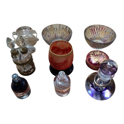Lot 5123 - Group of glass, including a French gilt brass mounted double scent bottle holder, a Selkirk scent bottle, gilt engraved cranberry glass pot, Roman style vase, etc