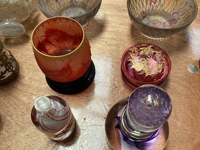 Lot 5123 - Group of glass, including a French gilt brass mounted double scent bottle holder, a Selkirk scent bottle, gilt engraved cranberry glass pot, Roman style vase, etc