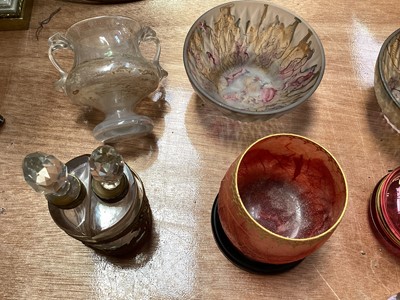Lot 5123 - Group of glass, including a French gilt brass mounted double scent bottle holder, a Selkirk scent bottle, gilt engraved cranberry glass pot, Roman style vase, etc