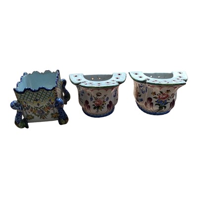 Lot 5125 - Pair of antique French faience wall mounted bough pots, polychrome painted with flowers, marked 'VP' for Veuve Perrin, 16cm across, together with a small faience planter with dolphin supports (3...