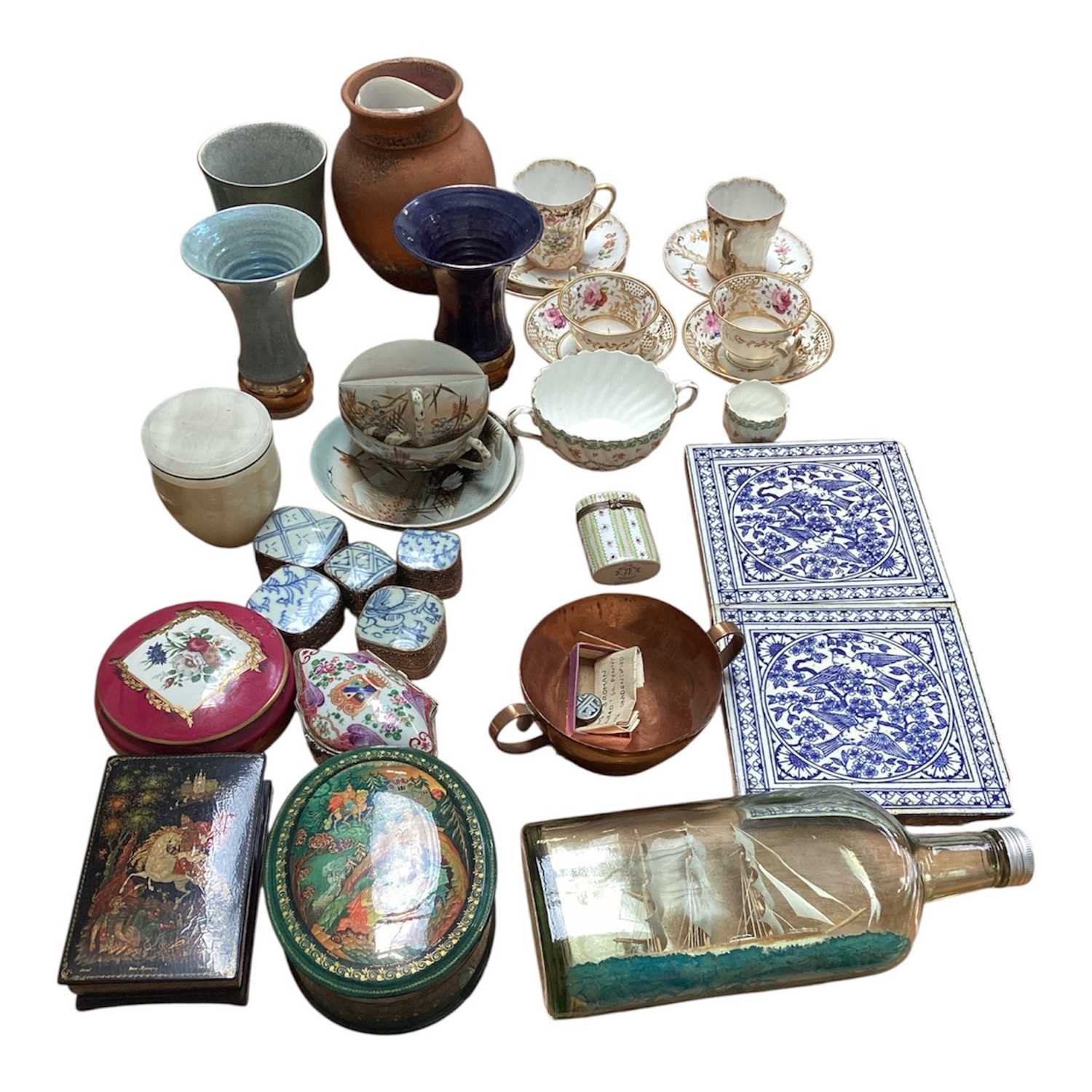 Lot 5126 - Group of ceramics and other items, including a pair of Mintons tiles, studio pottery, 19th century cups and saucers, etc