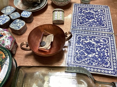 Lot 5126 - Group of ceramics and other items, including a pair of Mintons tiles, studio pottery, 19th century cups and saucers, etc