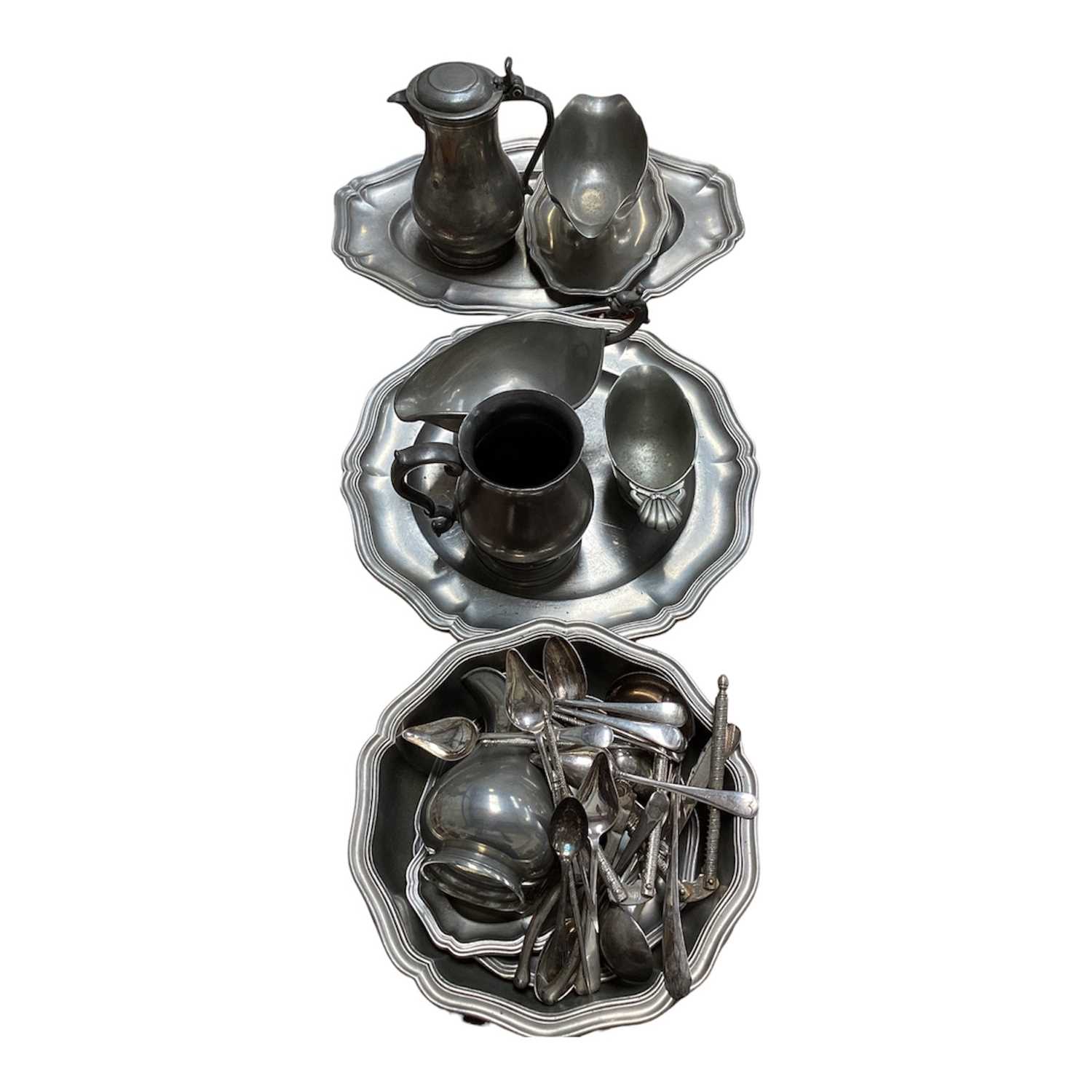Lot 5127 - Group of pewter, including scalloped dishes, jug, etc, together with silver plated flatware