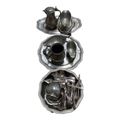 Lot 5127 - Group of pewter, including scalloped dishes, jug, etc, together with silver plated flatware
