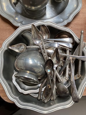 Lot 5127 - Group of pewter, including scalloped dishes, jug, etc, together with silver plated flatware