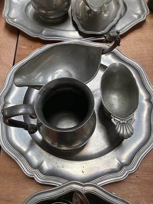 Lot 5127 - Group of pewter, including scalloped dishes, jug, etc, together with silver plated flatware