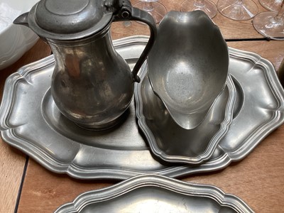 Lot 5127 - Group of pewter, including scalloped dishes, jug, etc, together with silver plated flatware