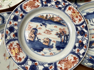 Lot 5130 - Set of three 18th century Chinese Imari porcelain plates, and two famille rose dishes (5)