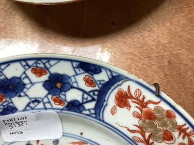 Lot 5130 - Set of three 18th century Chinese Imari porcelain plates, and two famille rose dishes (5)
