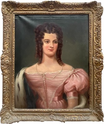 Lot 1206 - Continental School, 19th century, oil on canvas - Portrait of a Lady in Pink Dress, 80cm x 63cm, in gilt frame