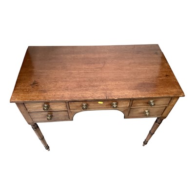 Lot 5368 - Nineteenth century mahogany kneehole desk with five drawers on turned legs, 95cm wide, 50.5cm deep, 75cm high