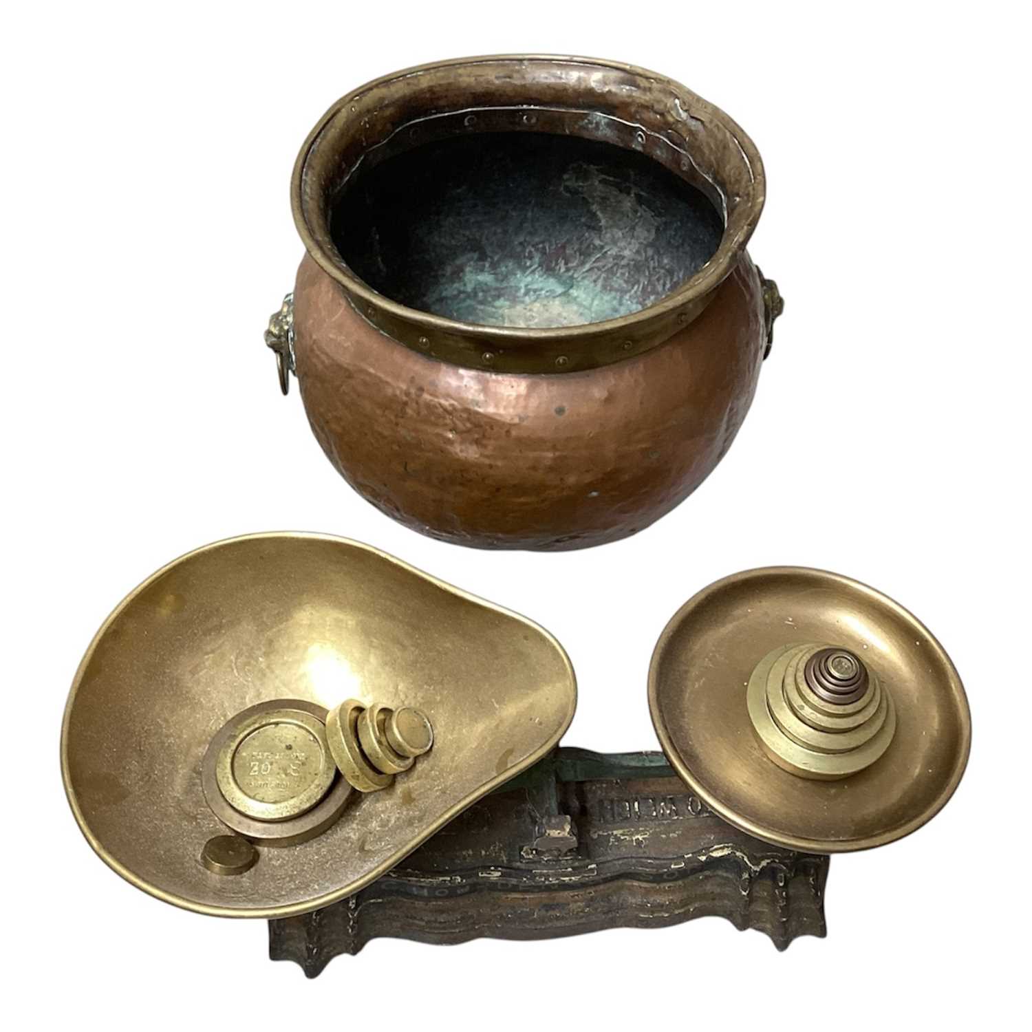 Lot 5132 - Antique set of kitchen scales inscribed 'C. Hodgson & Son', with brass weights, and a copper and brass cauldron with lion mask handles